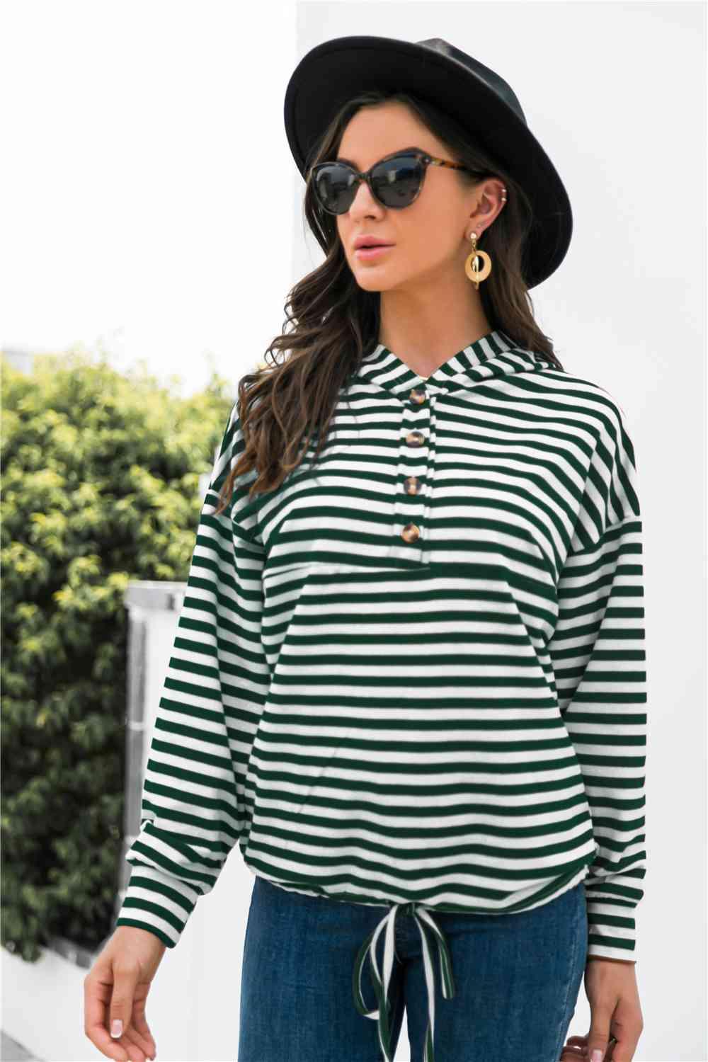 Striped Half-Button Dropped Shoulder Hoodie - Immenzive
