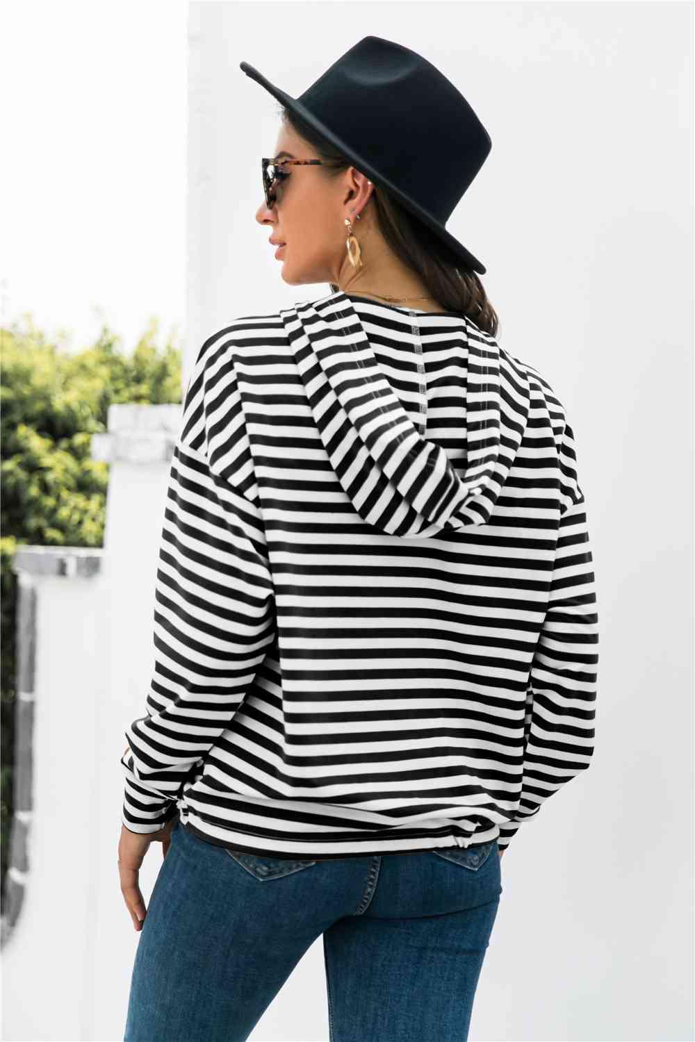 Striped Half-Button Dropped Shoulder Hoodie - Immenzive