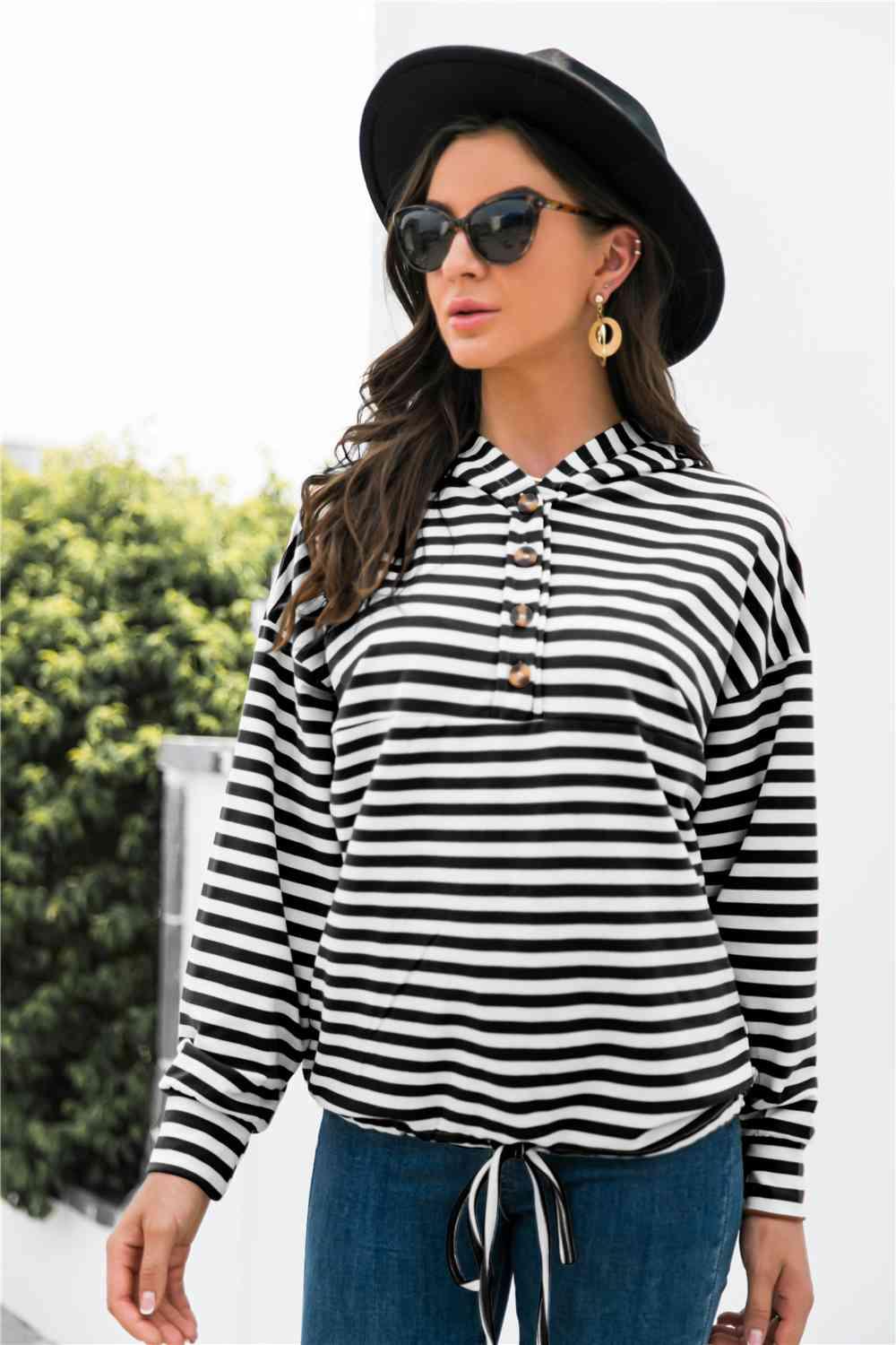 Striped Half-Button Dropped Shoulder Hoodie - Immenzive