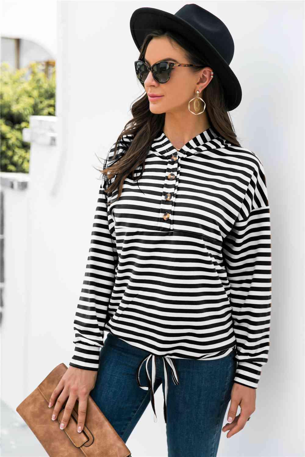 Striped Half-Button Dropped Shoulder Hoodie - Immenzive