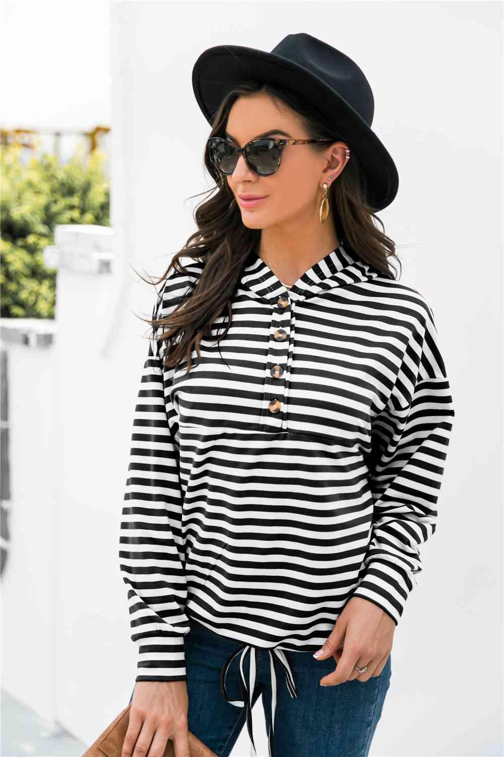 Striped Half-Button Dropped Shoulder Hoodie - Immenzive