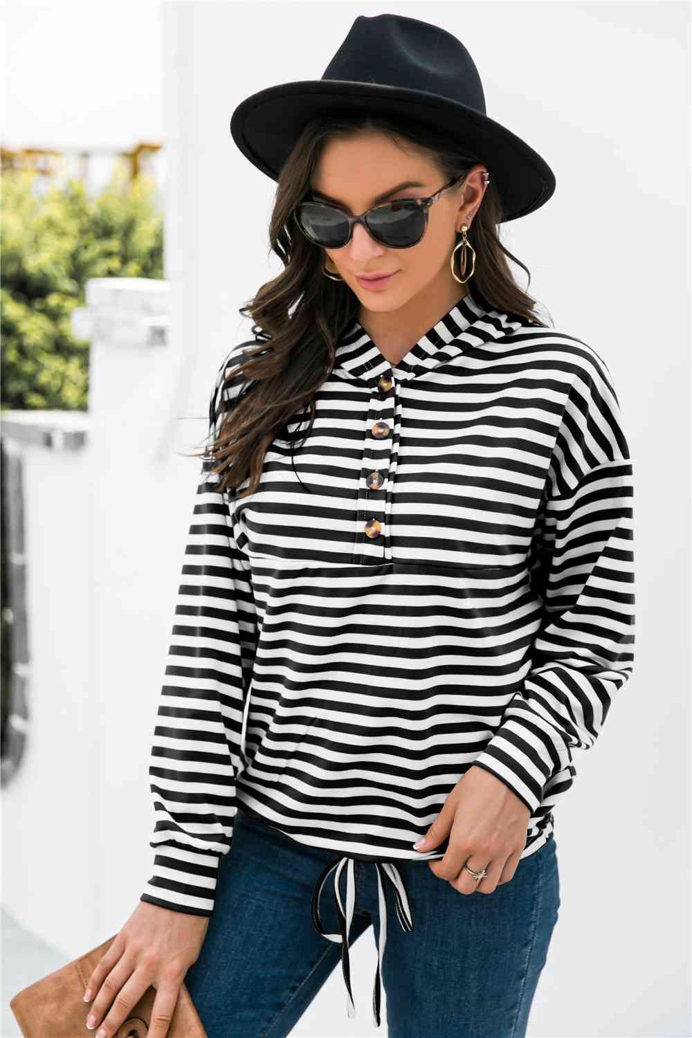 Striped Half-Button Dropped Shoulder Hoodie - Immenzive