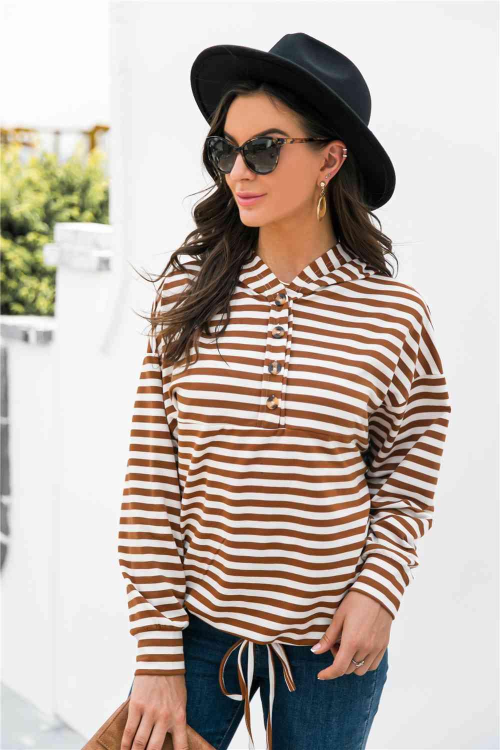 Striped Half-Button Dropped Shoulder Hoodie - Immenzive