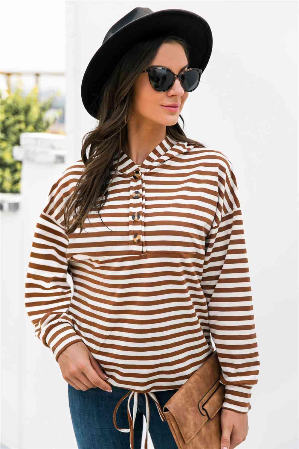 Striped Half-Button Dropped Shoulder Hoodie - Immenzive