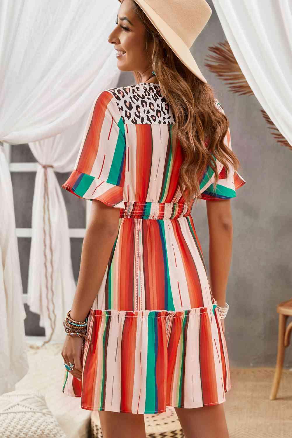 Striped Leopard V-Neck Frill Trim Mini Dress - Immenzive