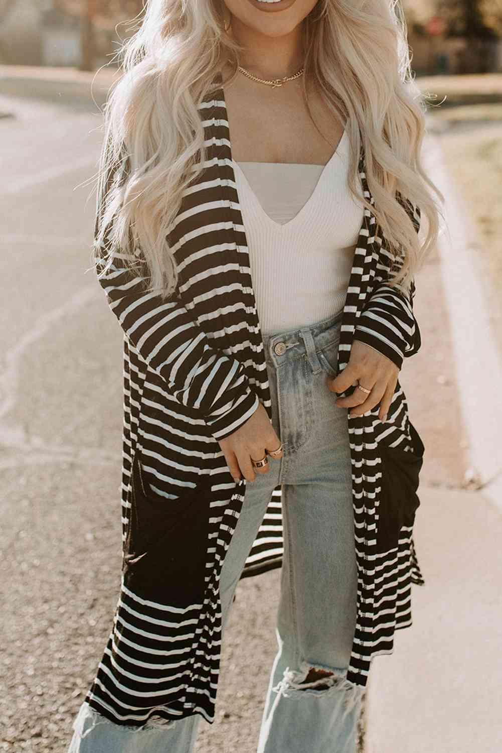 Striped Long Sleeve Cardigan with Pocket - Immenzive