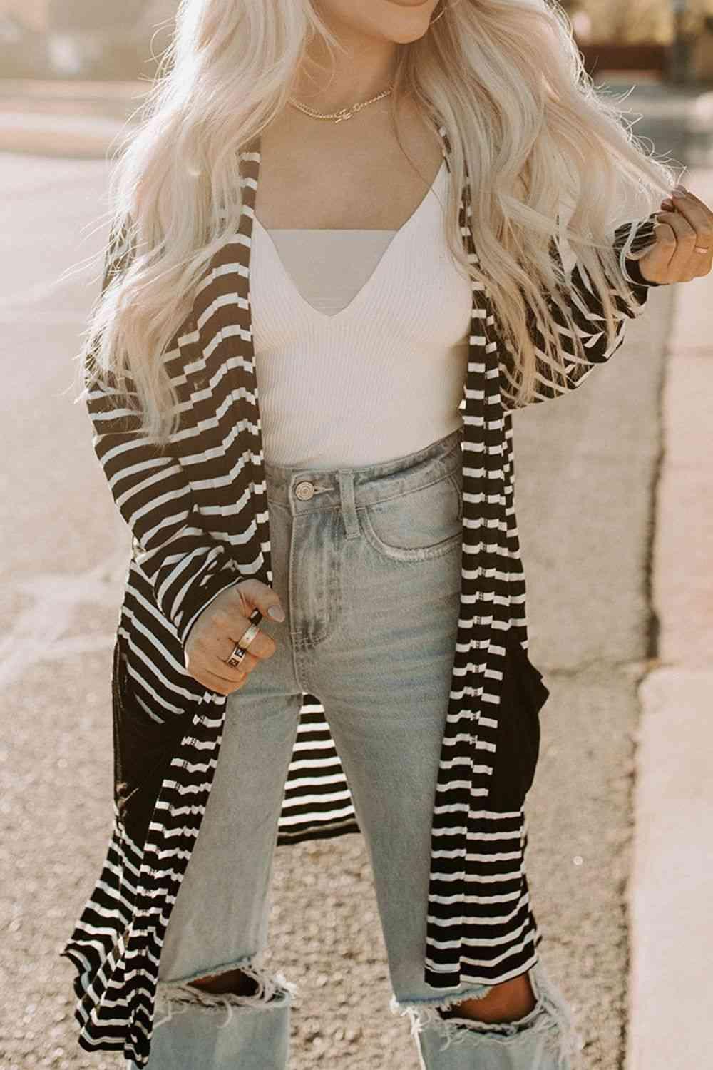 Striped Long Sleeve Cardigan with Pocket - Immenzive