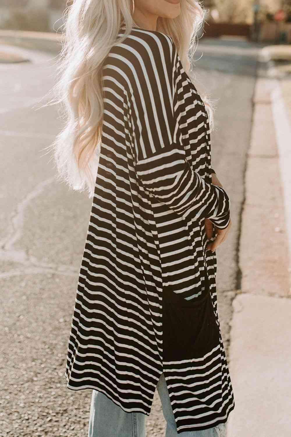 Striped Long Sleeve Cardigan with Pocket - Immenzive