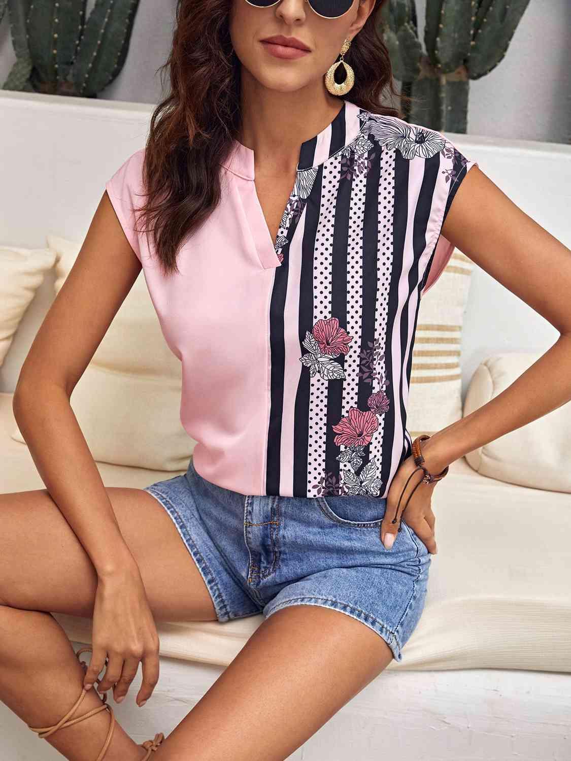 Striped Notched Sleeveless Top - Immenzive