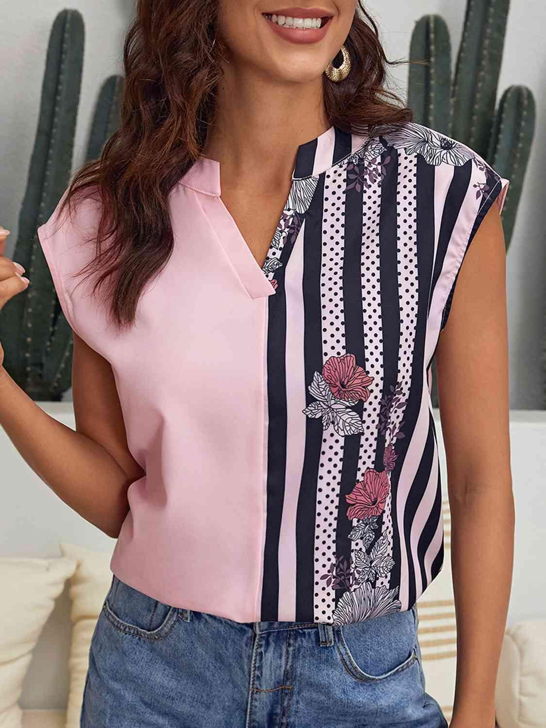 Striped Notched Sleeveless Top - Immenzive
