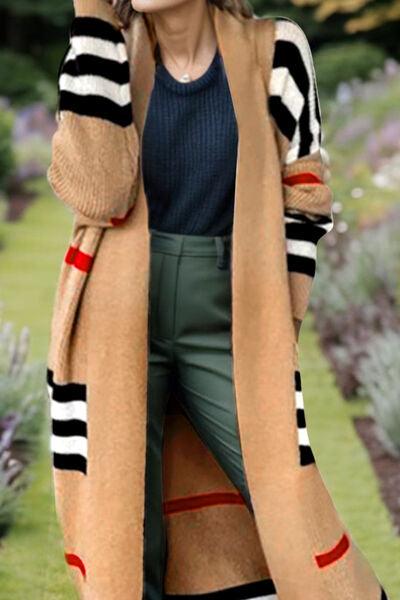 Striped Open Front Long Sleeve Longline Sweater Cardigan - Immenzive
