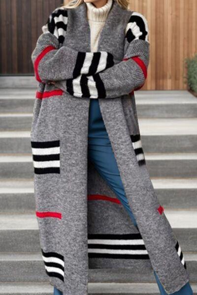 Striped Open Front Long Sleeve Longline Sweater Cardigan - Immenzive