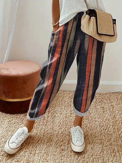 Striped Pocketed Elastic Waist Pants - Immenzive