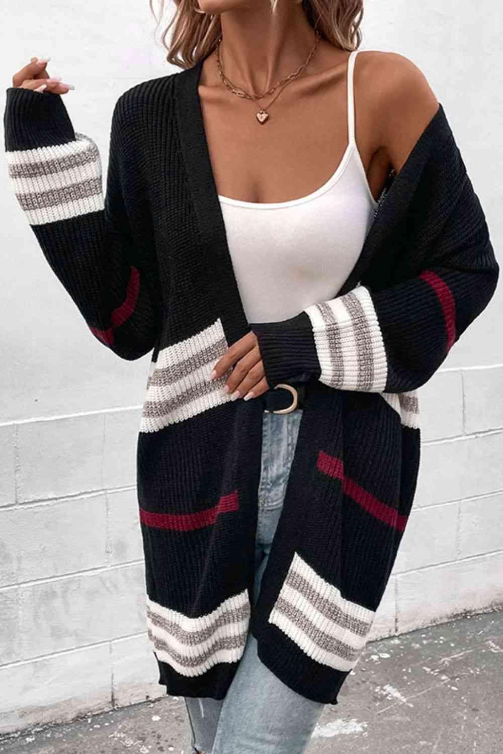 Striped Rib-Knit Drop Shoulder Open Front Cardigan - Immenzive