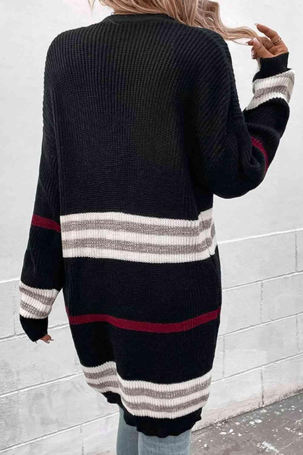 Striped Rib-Knit Drop Shoulder Open Front Cardigan - Immenzive