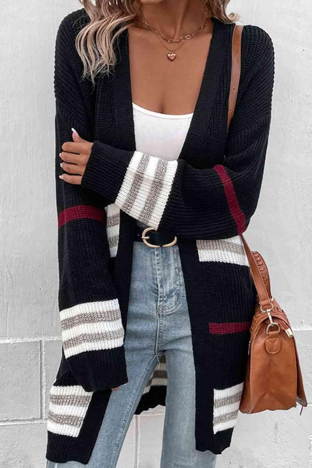 Striped Rib-Knit Drop Shoulder Open Front Cardigan - Immenzive