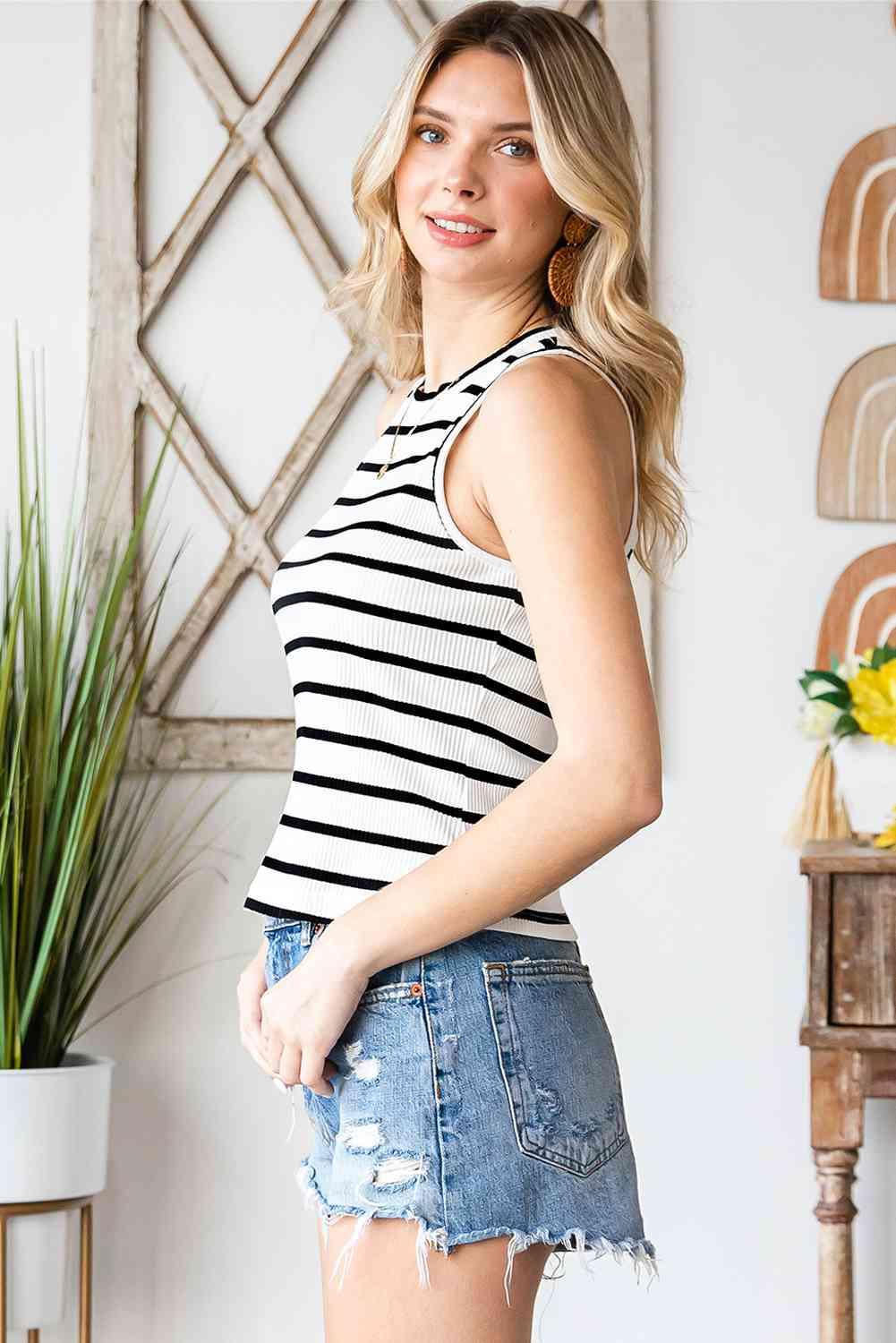 Striped Ribbed Round Neck Tank - Immenzive
