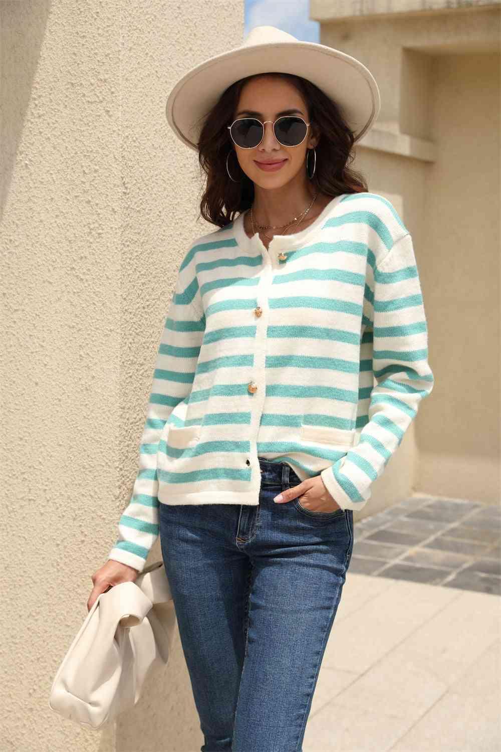 Striped Round Neck Button-Down Dropped Shoulder Cardigan - Immenzive