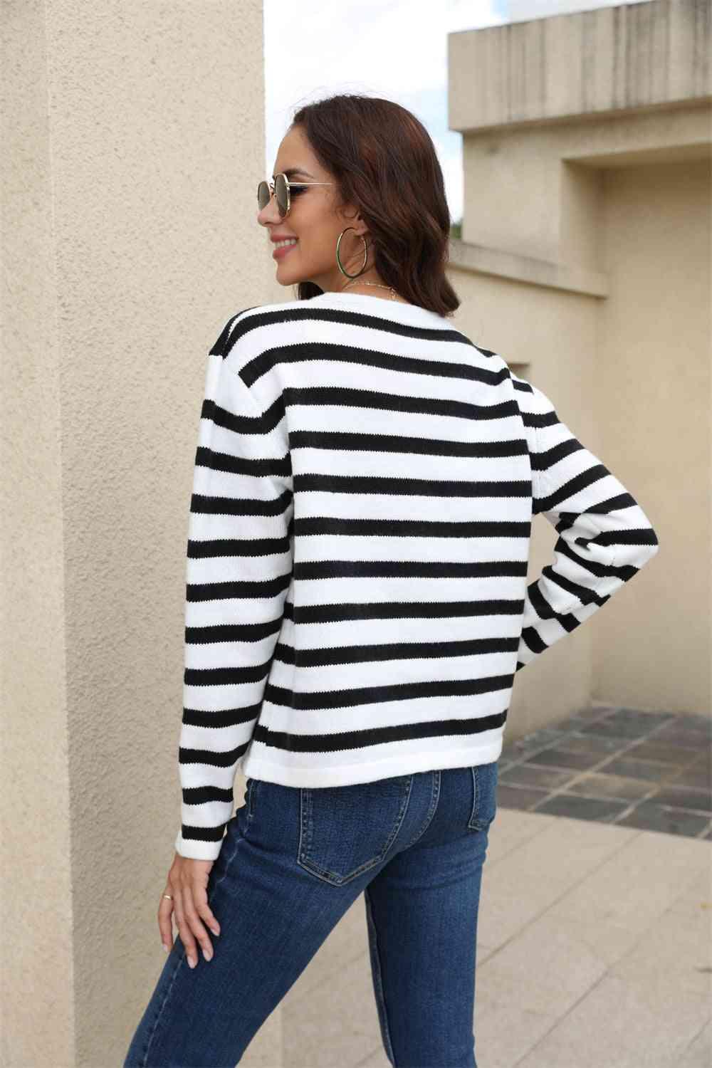 Striped Round Neck Button-Down Dropped Shoulder Cardigan - Immenzive