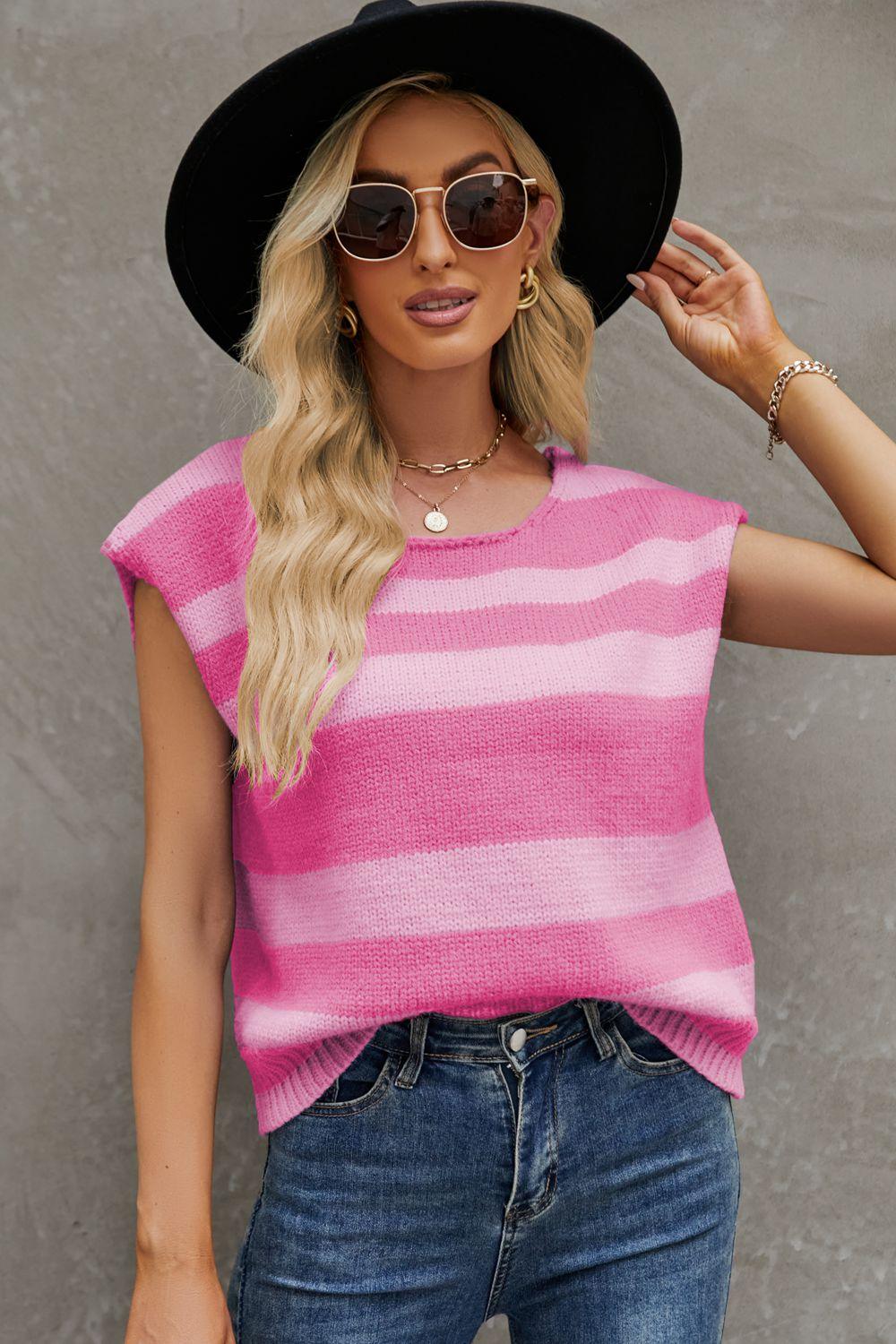 Striped Round Neck Cap Sleeve Knit Top - Immenzive