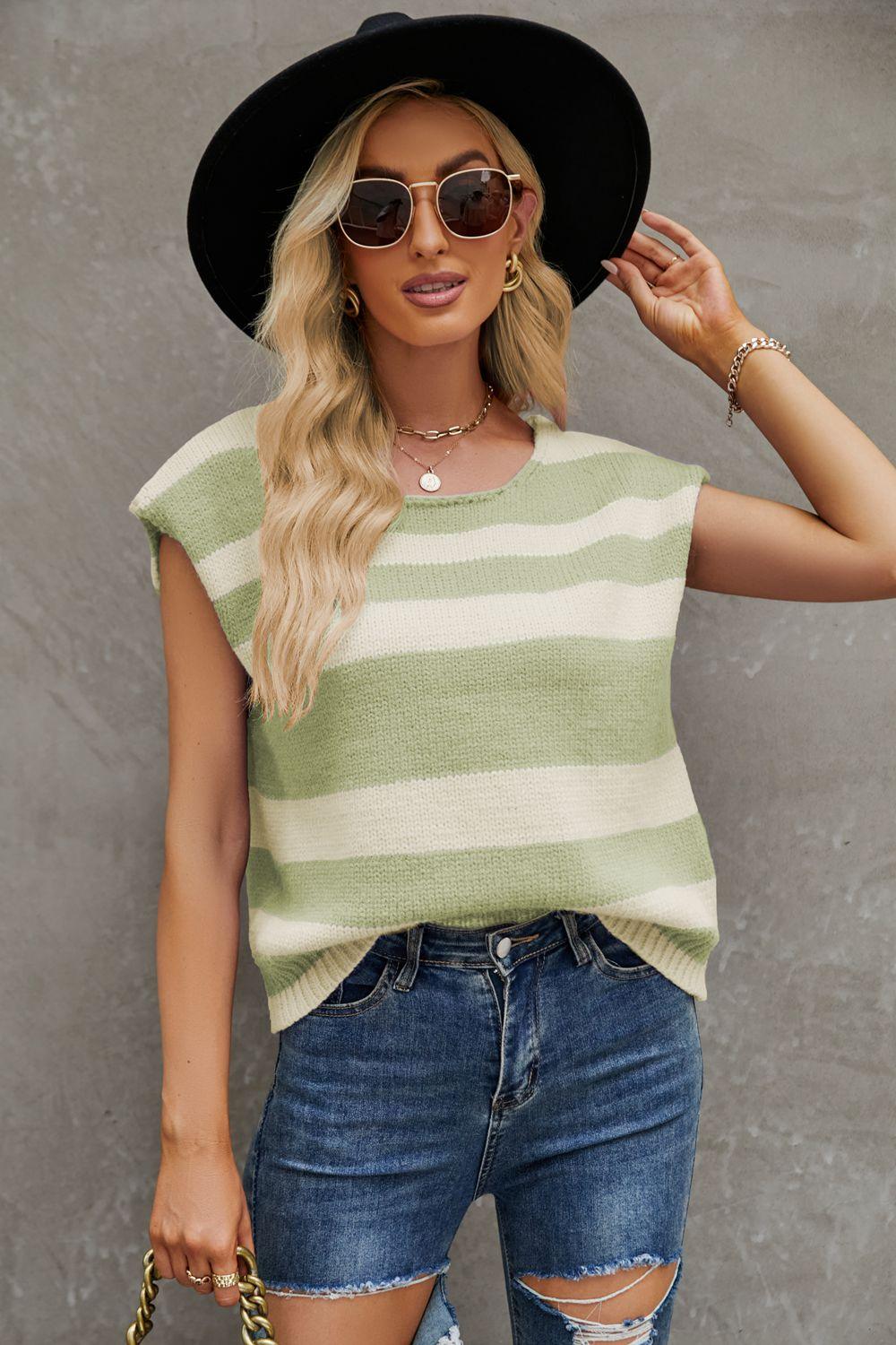 Striped Round Neck Cap Sleeve Knit Top - Immenzive