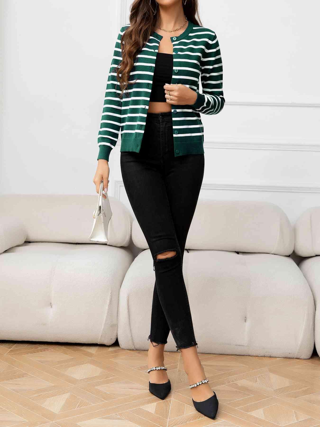 Striped Round Neck Long Sleeve Buttoned Knit Top - Immenzive