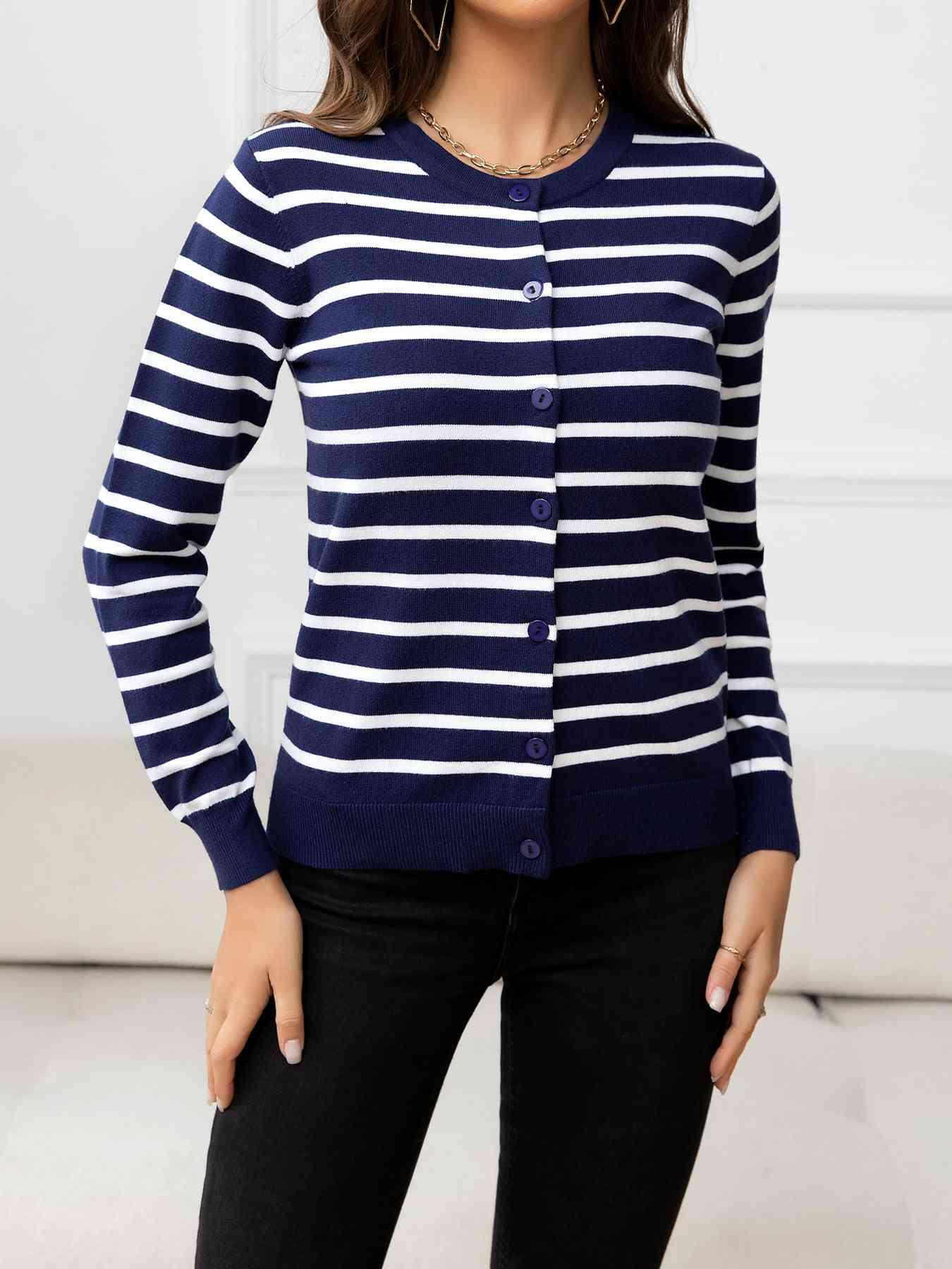 Striped Round Neck Long Sleeve Buttoned Knit Top - Immenzive