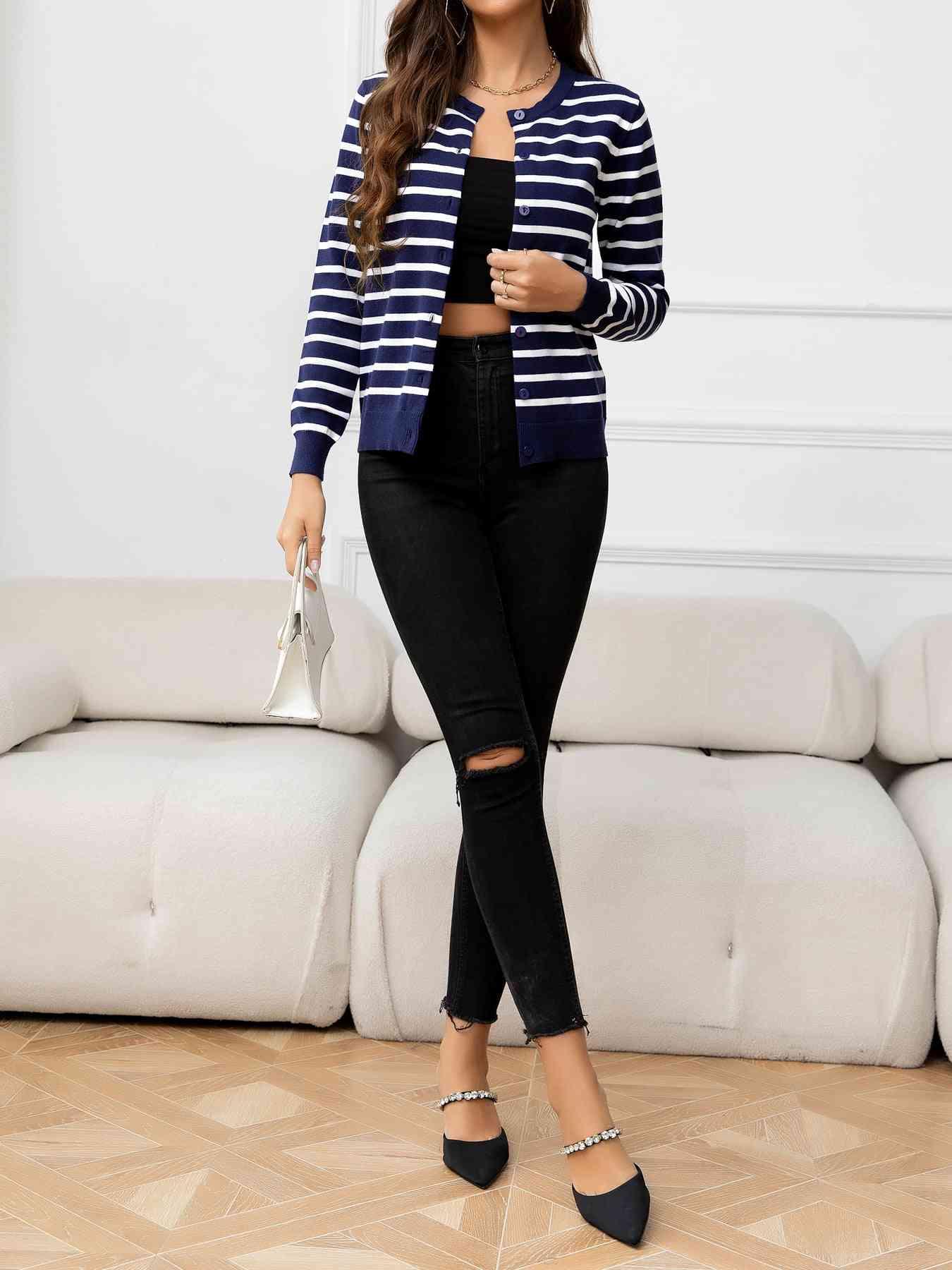 Striped Round Neck Long Sleeve Buttoned Knit Top - Immenzive