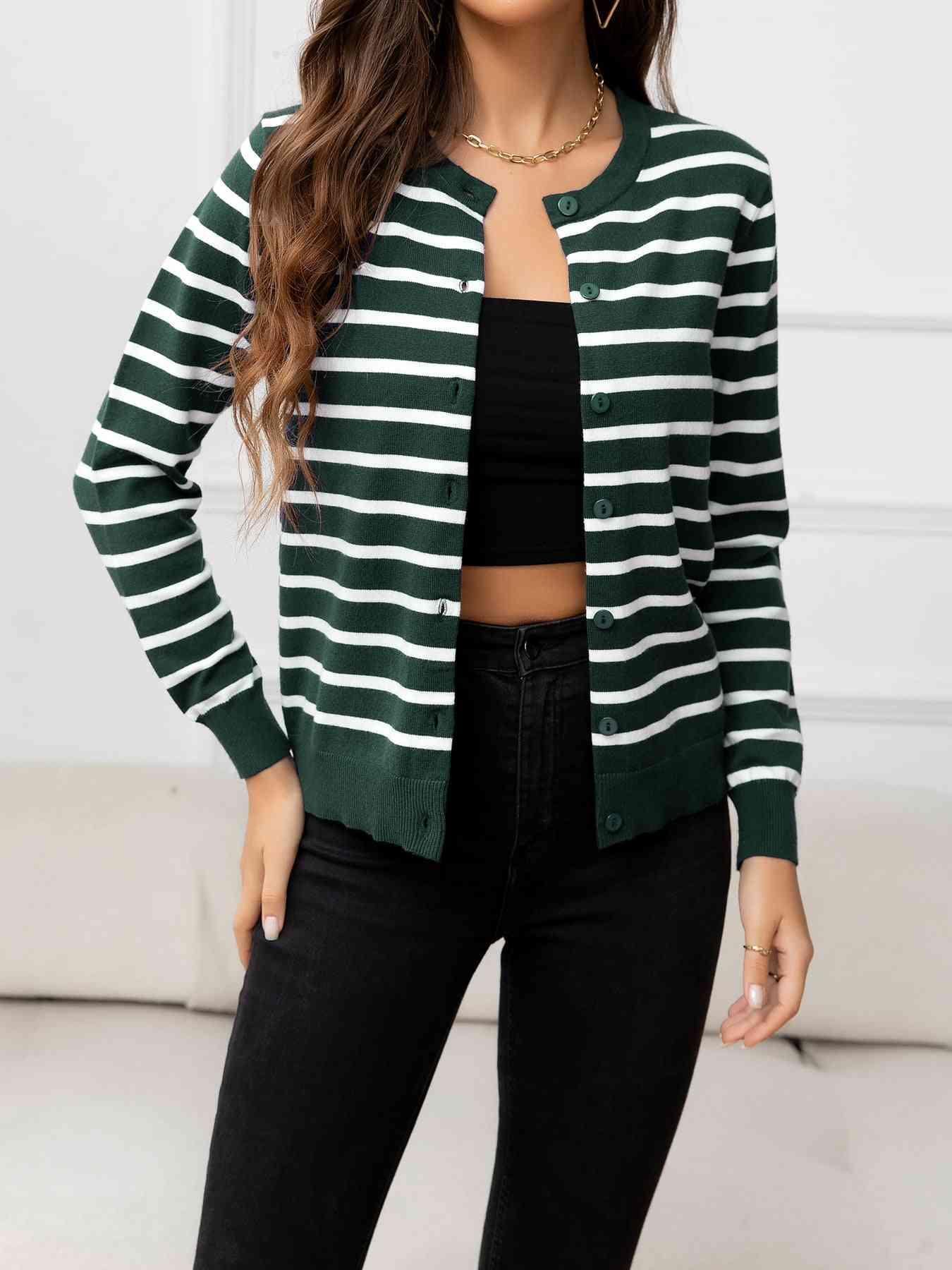 Striped Round Neck Long Sleeve Buttoned Knit Top - Immenzive