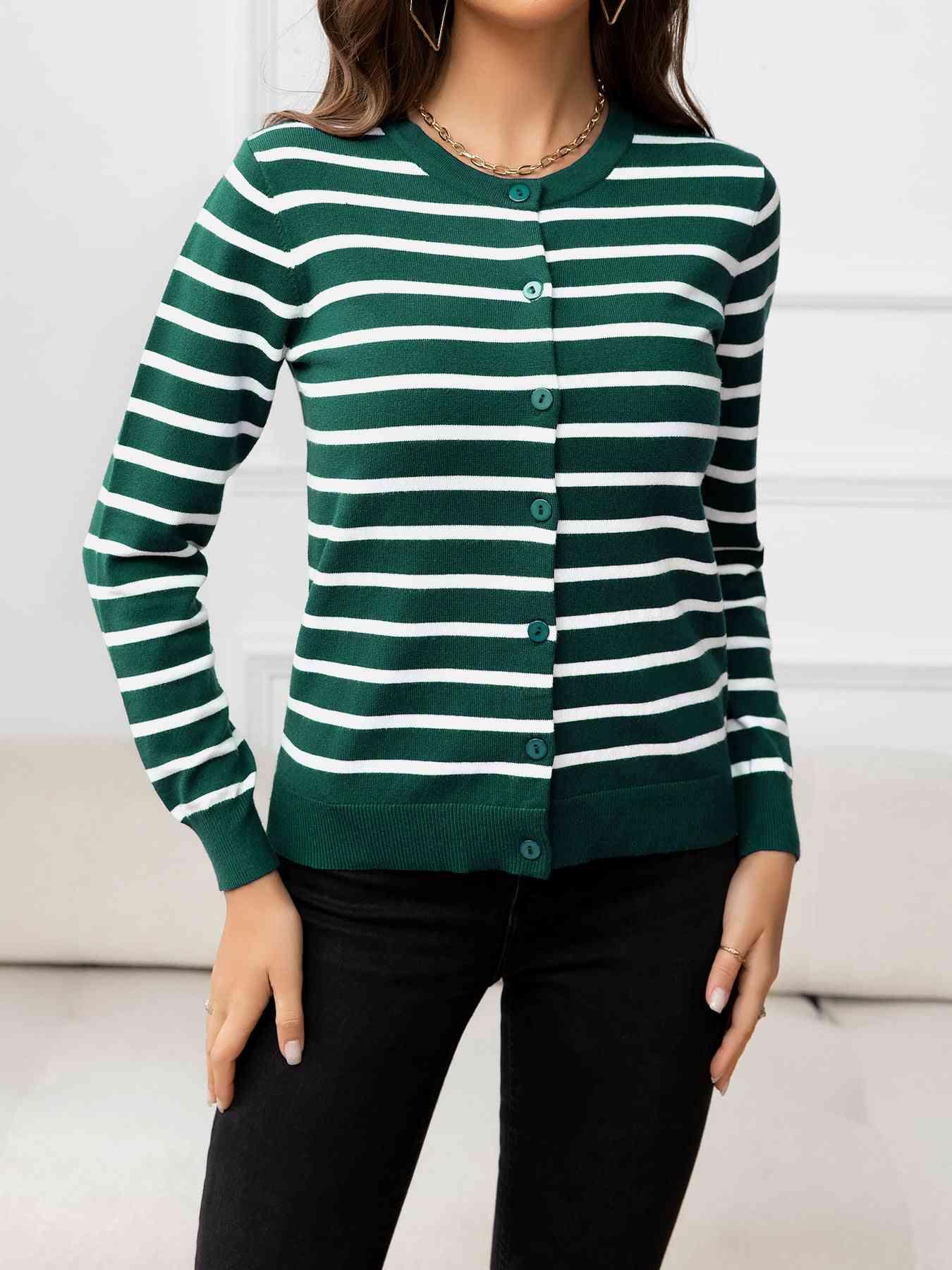 Striped Round Neck Long Sleeve Buttoned Knit Top - Immenzive