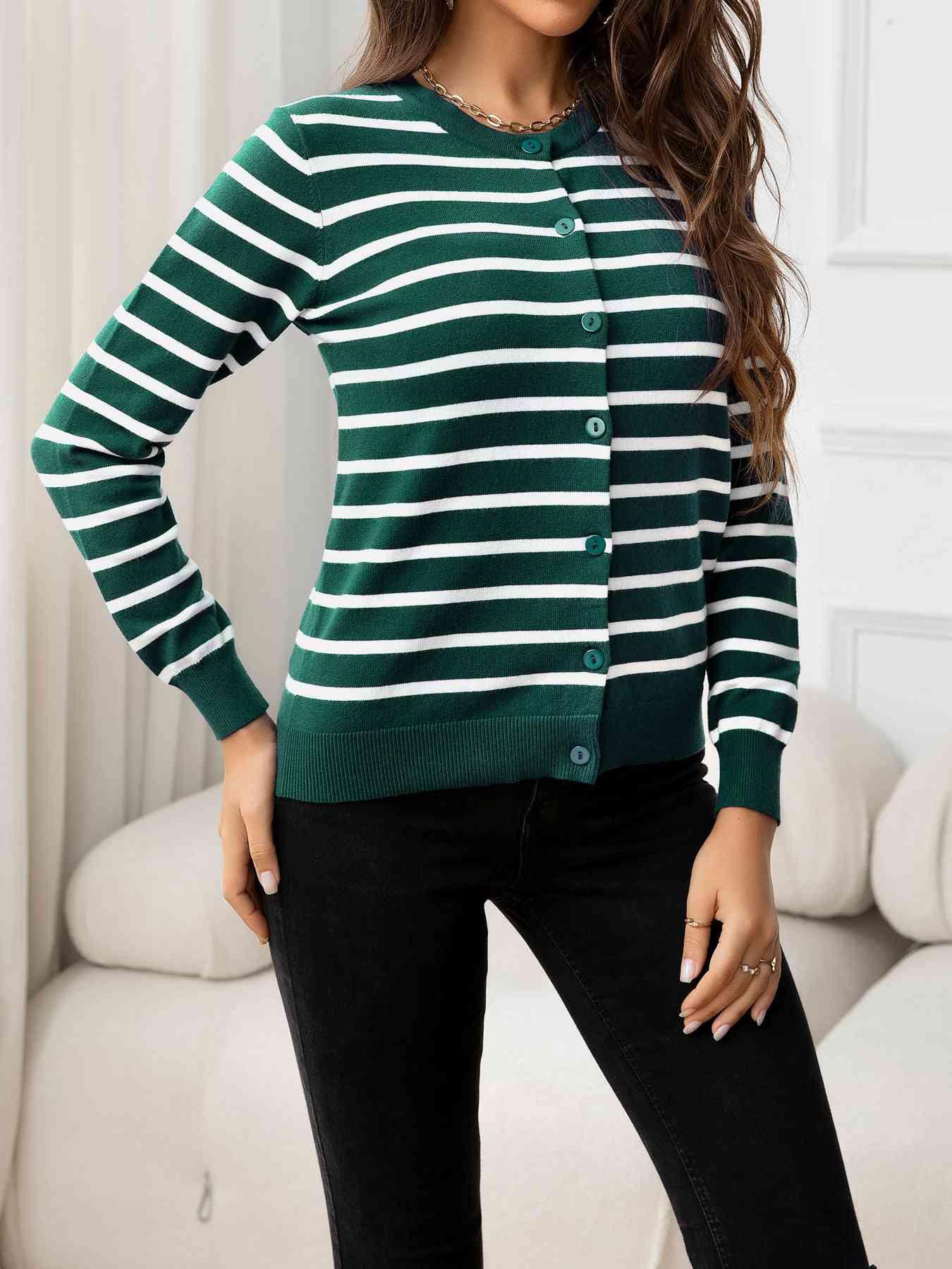 Striped Round Neck Long Sleeve Buttoned Knit Top - Immenzive