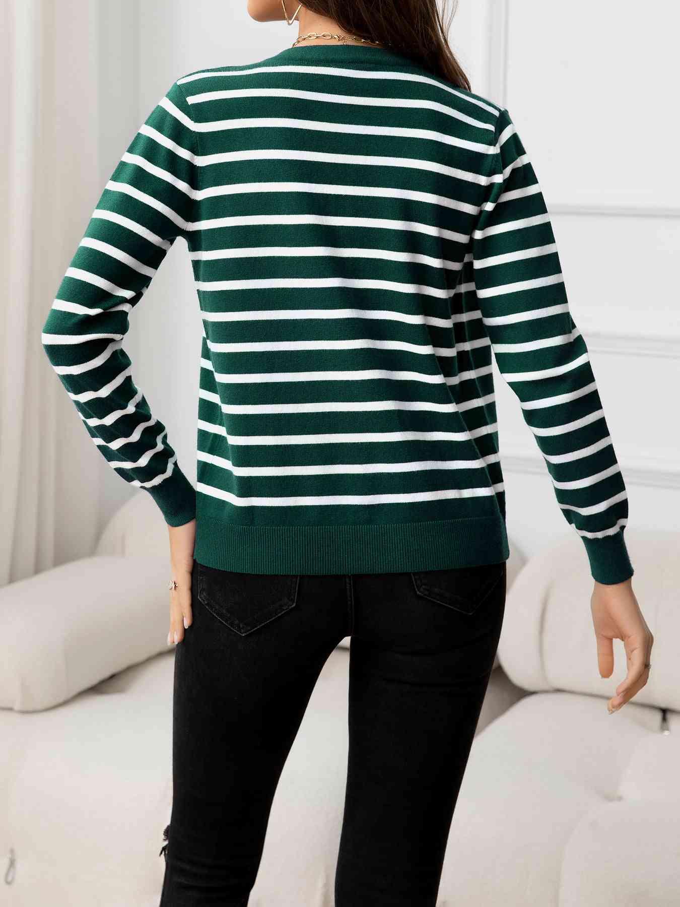 Striped Round Neck Long Sleeve Buttoned Knit Top - Immenzive