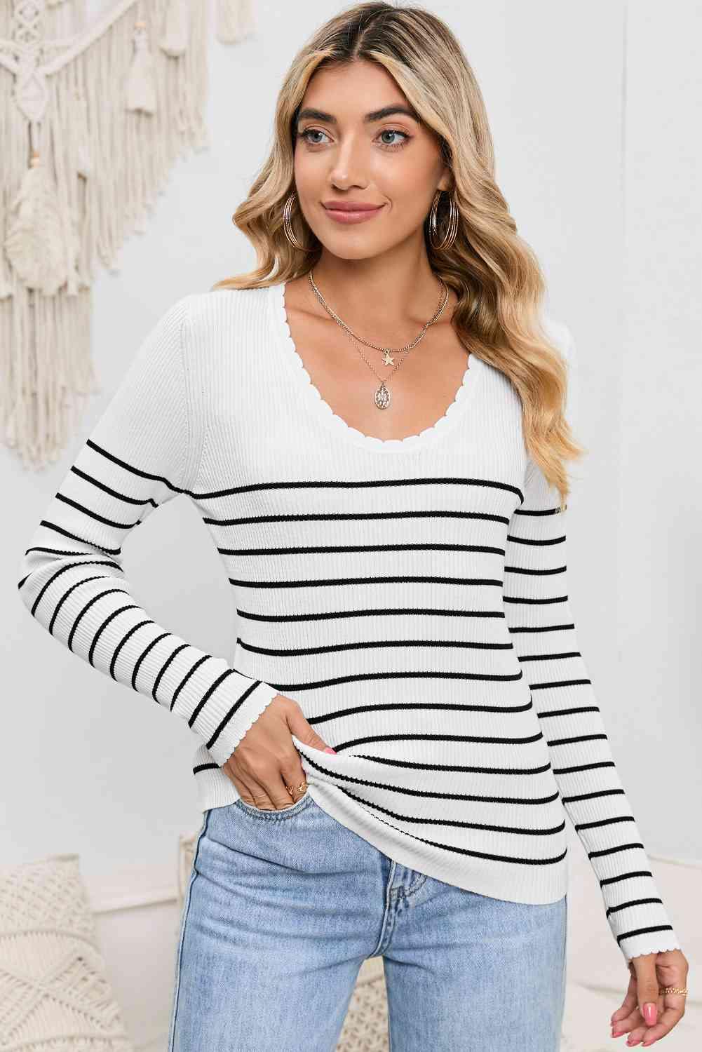 Striped Round Neck Long Sleeve Knit Top - Immenzive