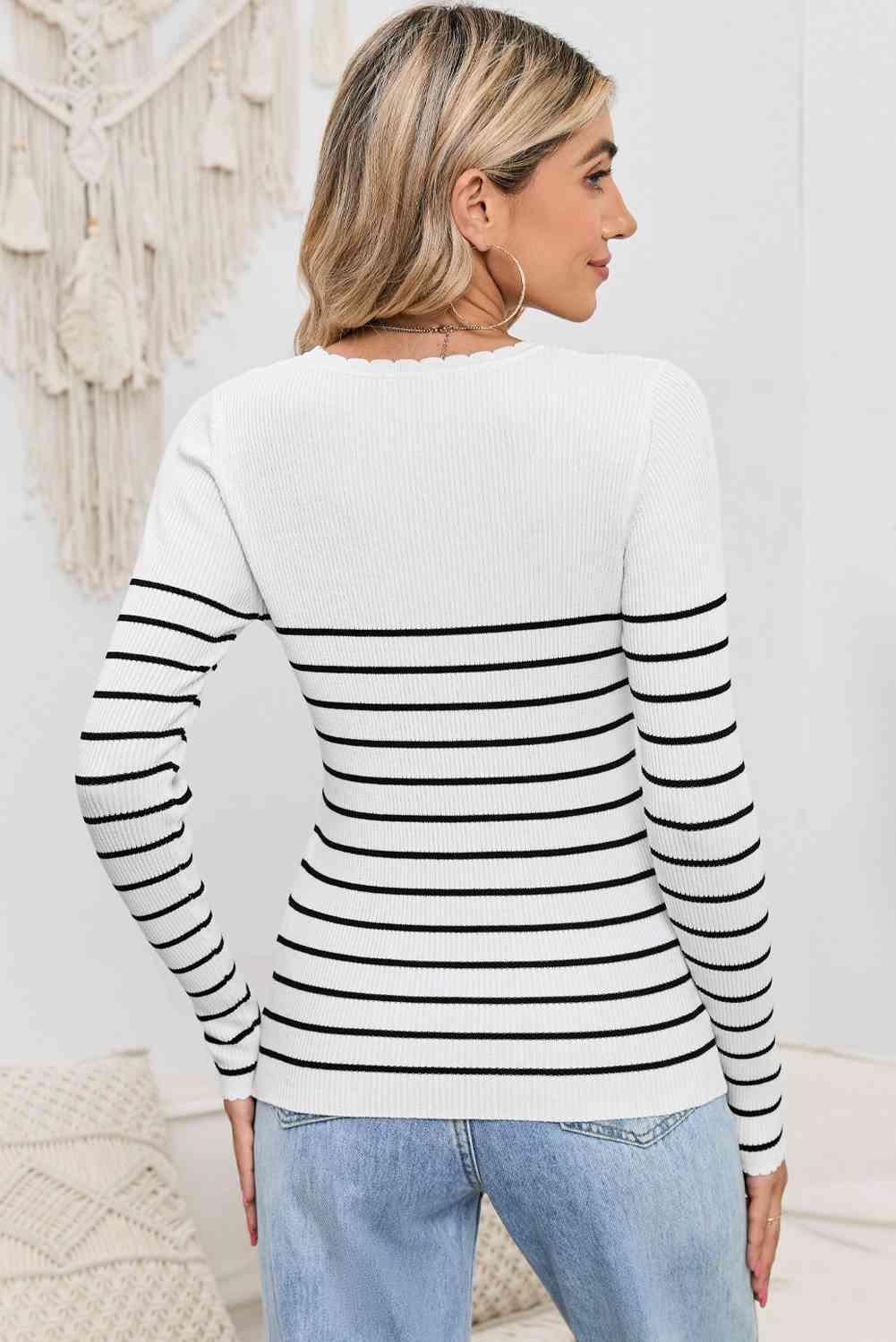 Striped Round Neck Long Sleeve Knit Top - Immenzive