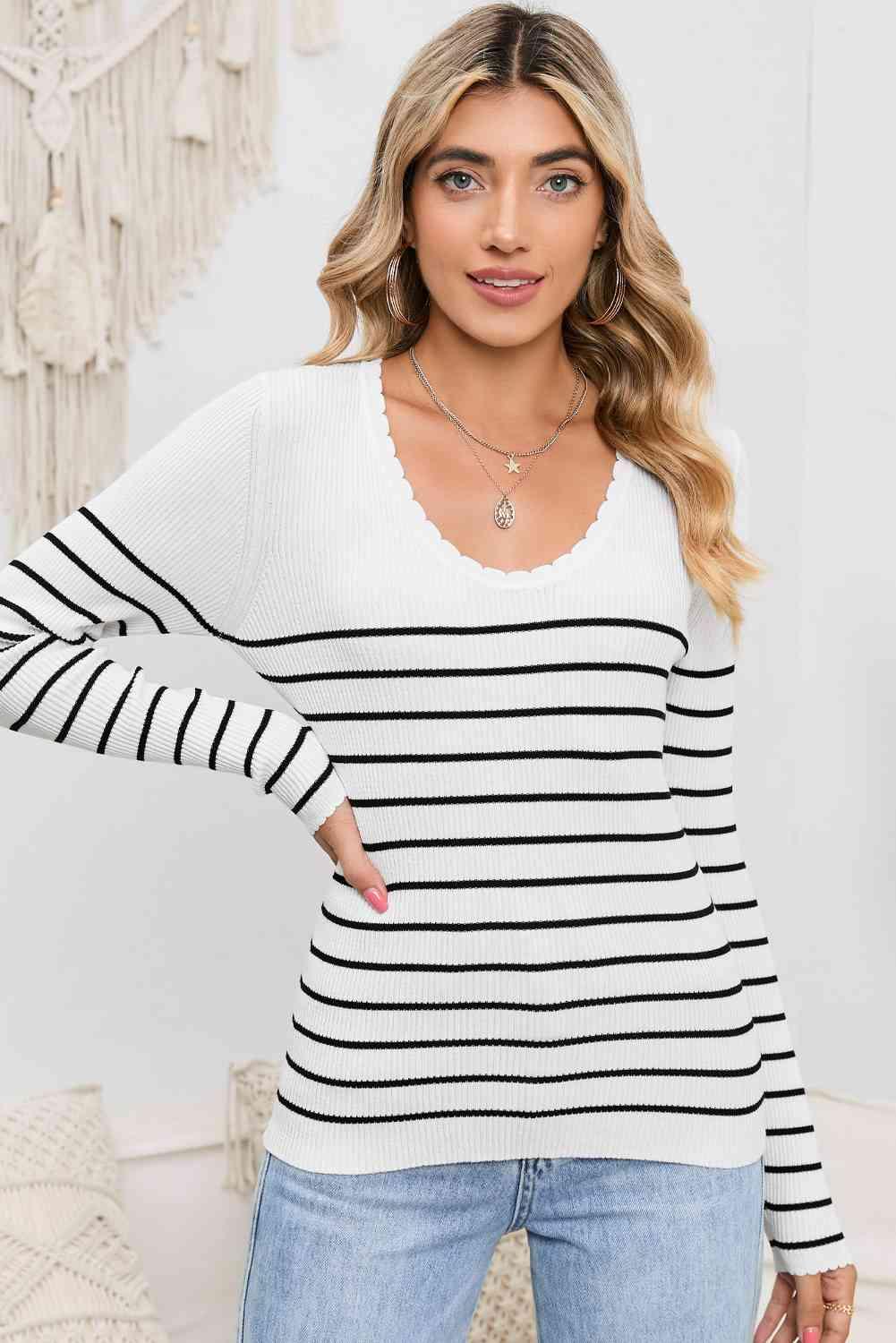 Striped Round Neck Long Sleeve Knit Top - Immenzive