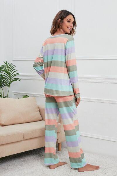 Striped Round Neck Long Sleeve Top and Drawstring Pants Lounge Set - Immenzive