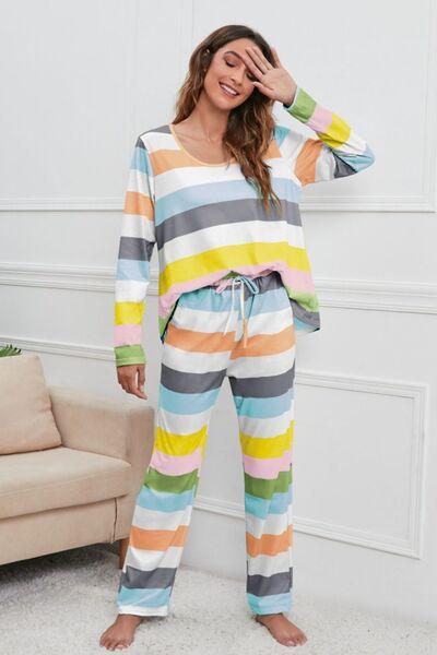 Striped Round Neck Long Sleeve Top and Drawstring Pants Lounge Set - Immenzive