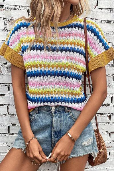 Striped Round Neck Short Sleeve Sweater - Immenzive