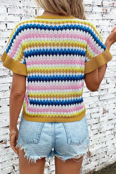 Striped Round Neck Short Sleeve Sweater - Immenzive