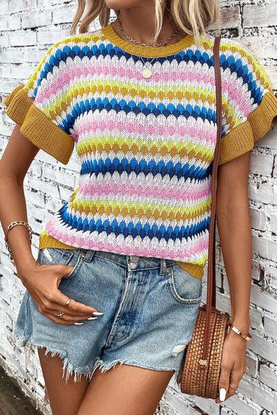 Striped Round Neck Short Sleeve Sweater - Immenzive