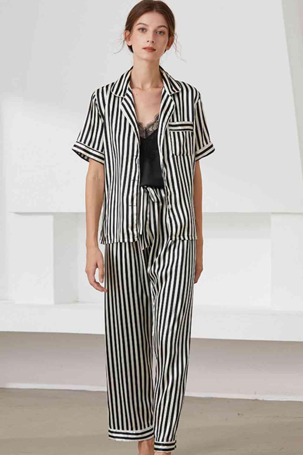 Striped Short Sleeve Shirt, Pants, and Cami Pajama Set - Immenzive