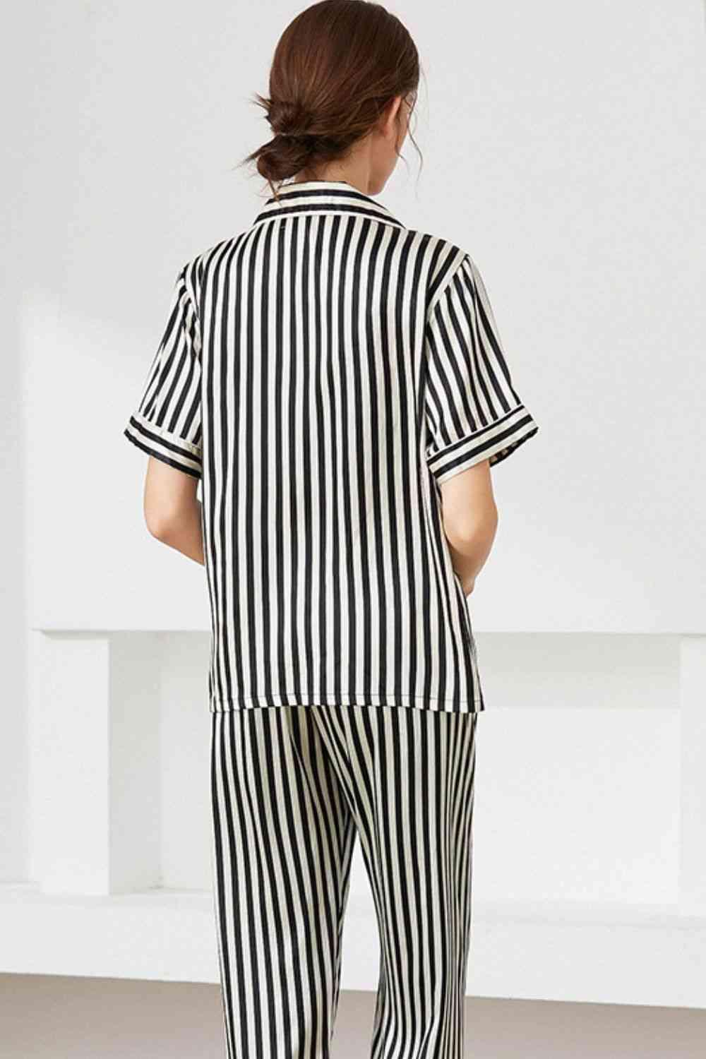 Striped Short Sleeve Shirt, Pants, and Cami Pajama Set - Immenzive