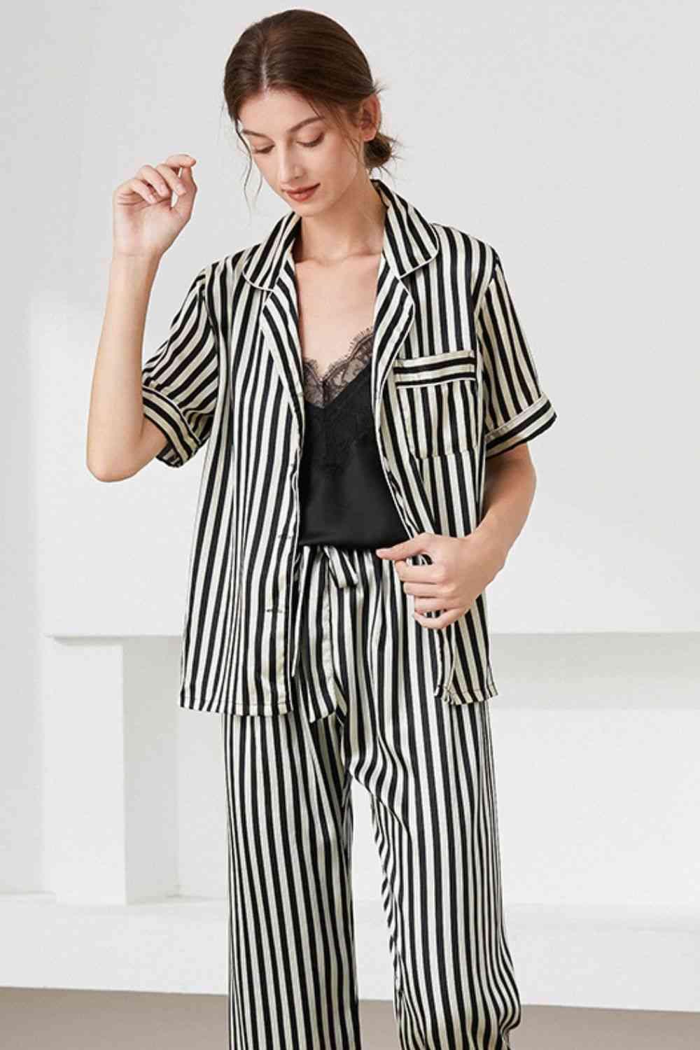 Striped Short Sleeve Shirt, Pants, and Cami Pajama Set - Immenzive