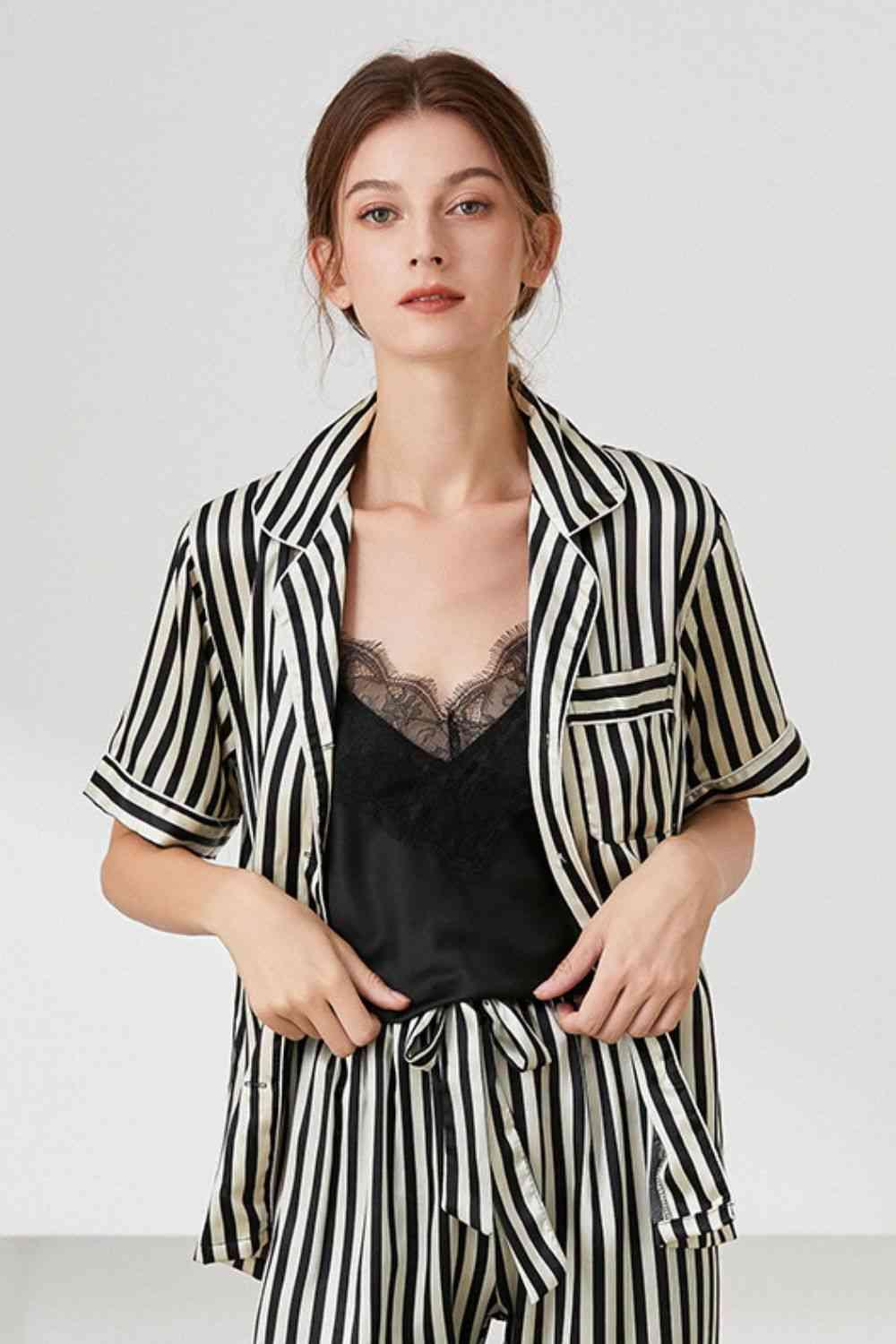 Striped Short Sleeve Shirt, Pants, and Cami Pajama Set - Immenzive