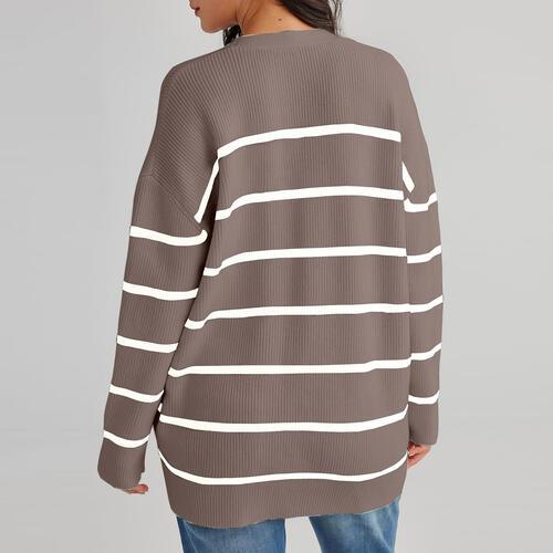 Striped V-Neck Long Sleeve Cardigan - Immenzive