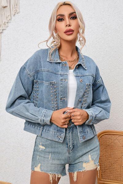 Studded Pocketed Button Up Denim Jacket - Immenzive