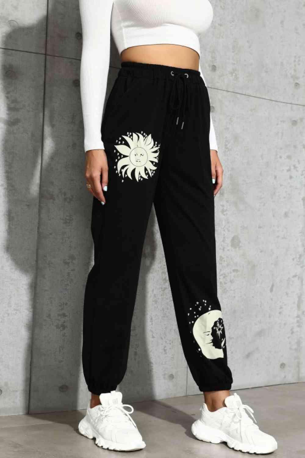Sun and Moon Graphic Drawstring Joggers - Immenzive