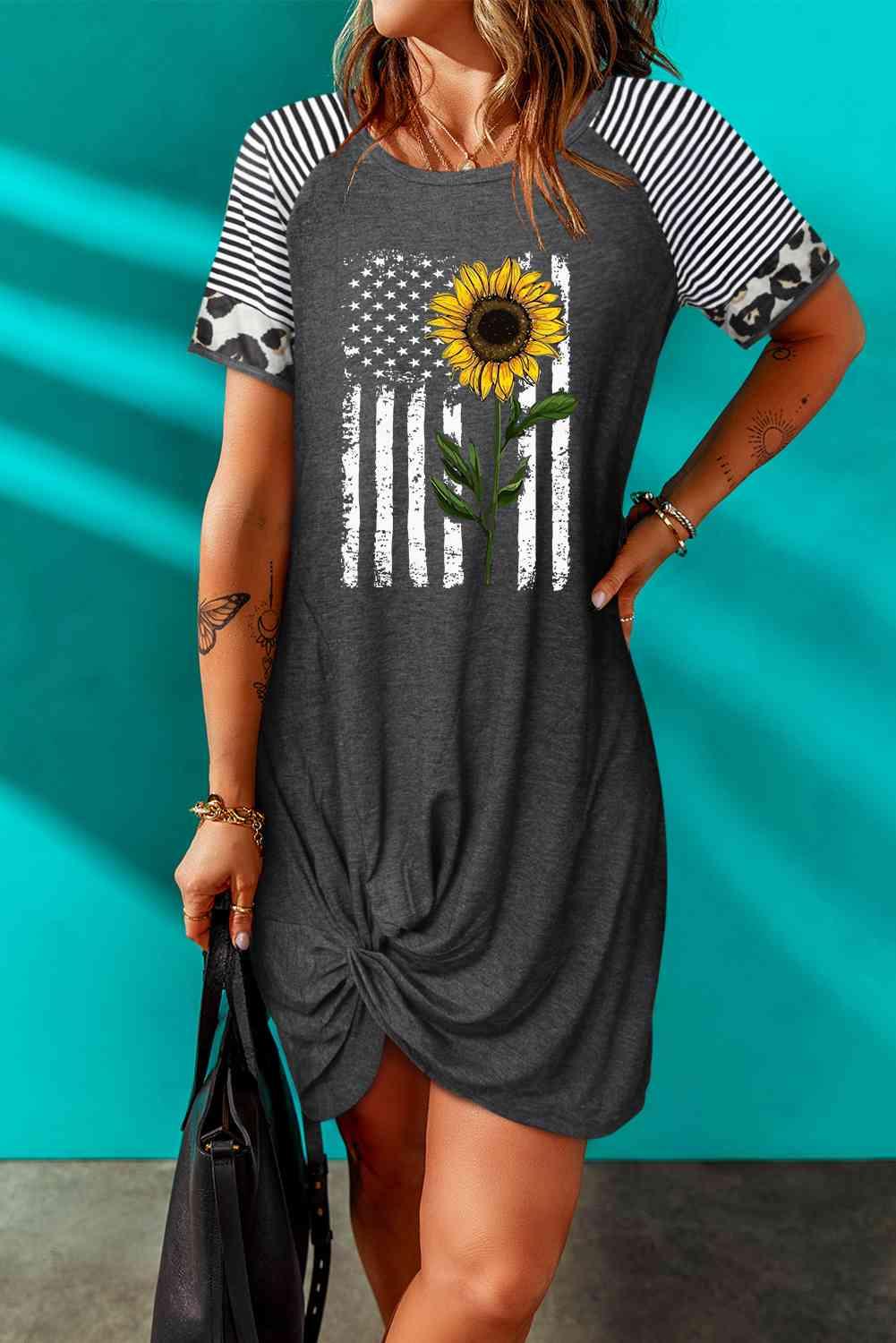 Sunflower Graphic Mixed Print Twisted Dress - Immenzive