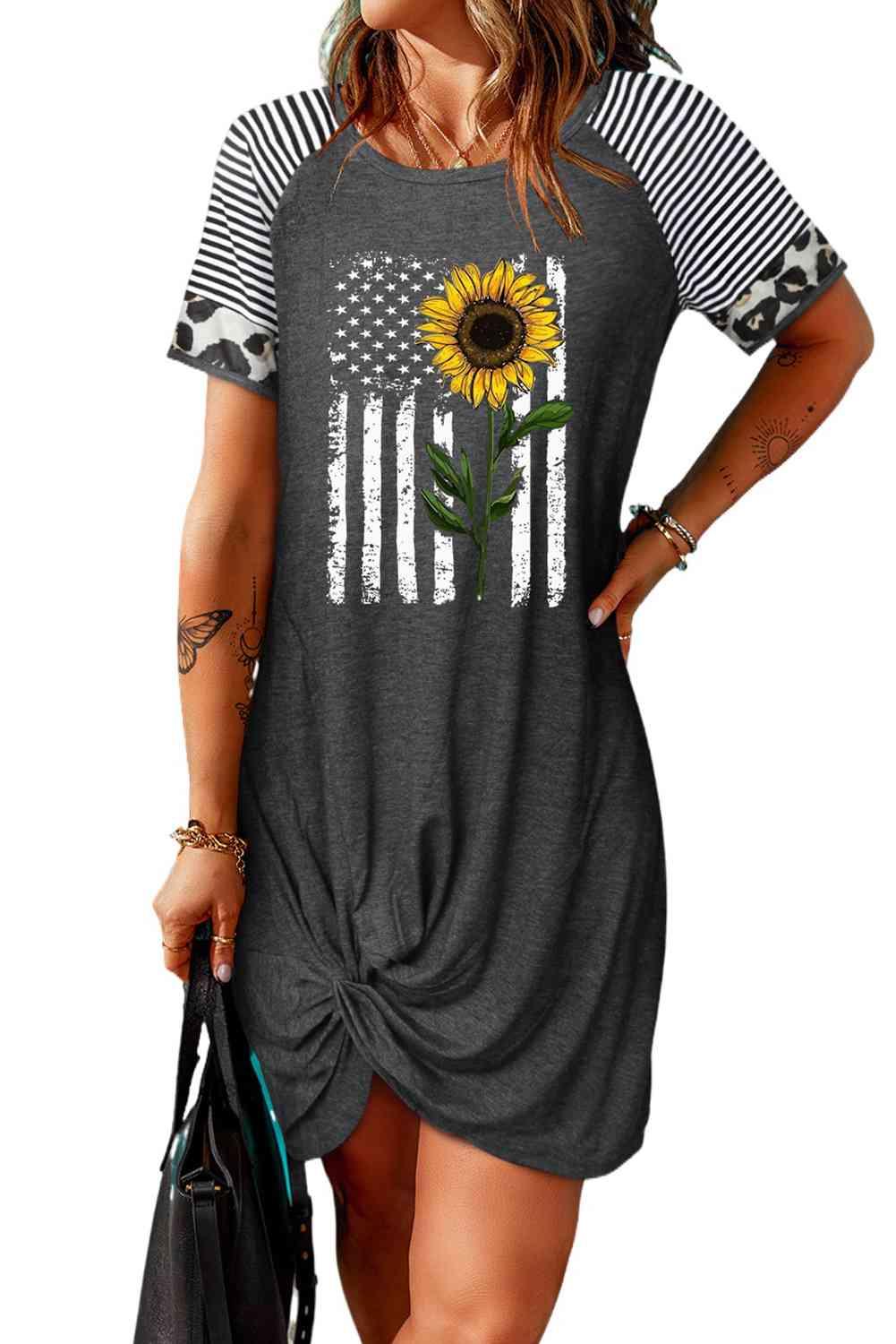 Sunflower Graphic Mixed Print Twisted Dress - Immenzive