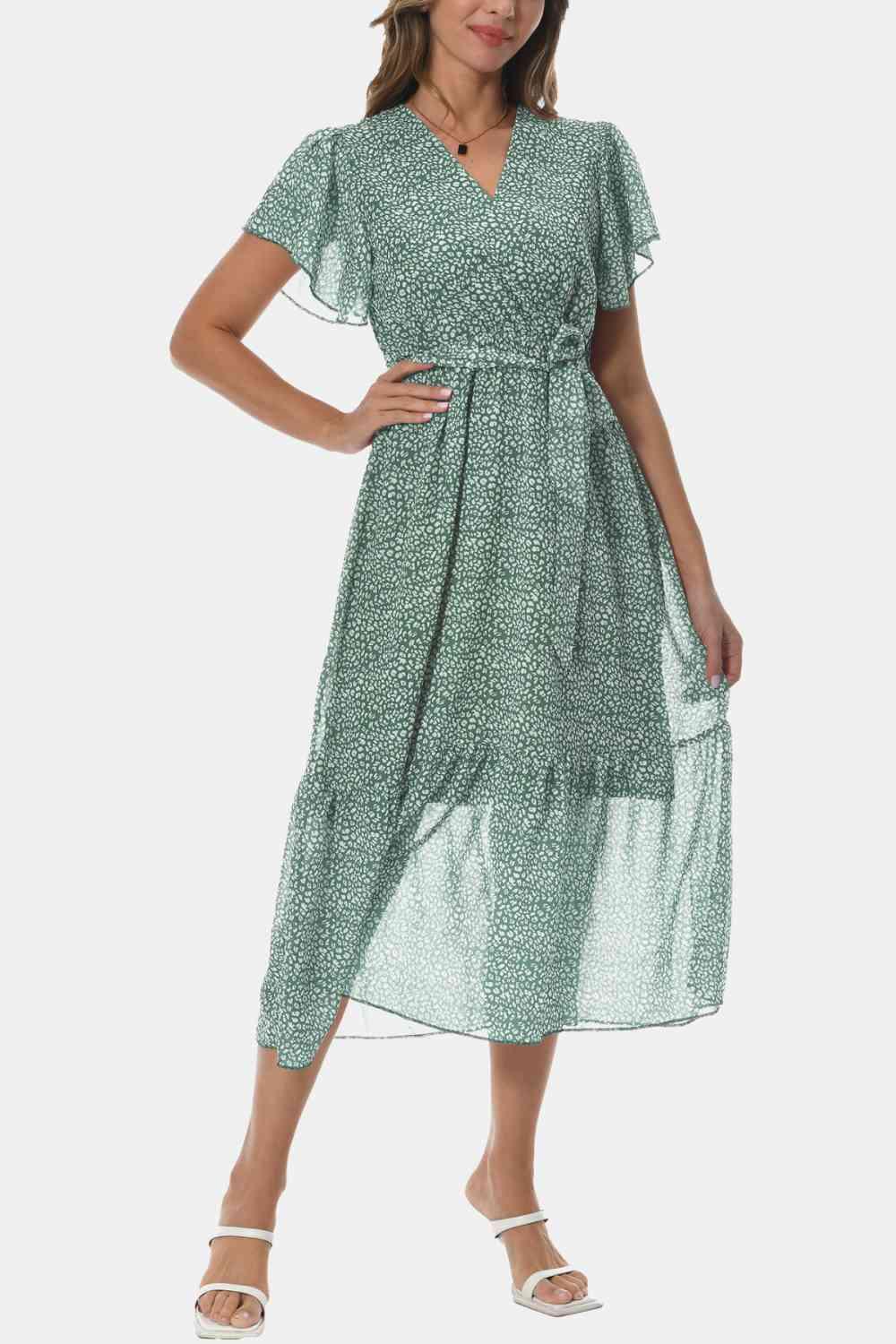 Surplice Neck Flutter Sleeve Tied Dress - Immenzive